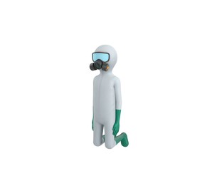 Man in White Hazmat Suit character kneeling in 3d rendering.