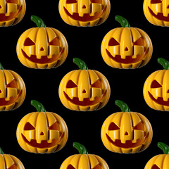 Halloween yellow scary pumpkin seamless pattern on black background.