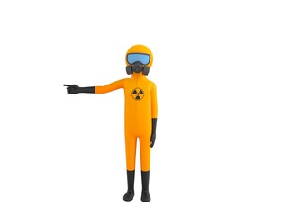 Man in Yellow Hazmat Suit character pointing his finger to the left in 3d rendering.