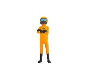 Man in Yellow Hazmat Suit character smiling with arms crossed in 3d rendering.