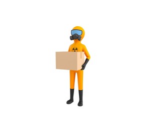 Man in Yellow Hazmat Suit character carrying a package in 3d rendering.