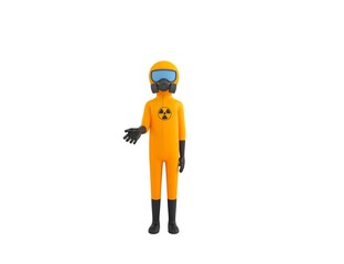 Man in Yellow Hazmat Suit character Giving a helping hand in 3d rendering.