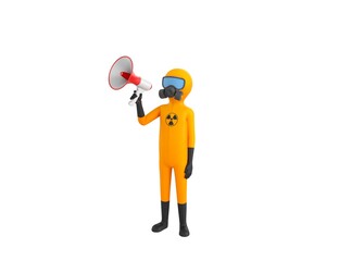 Man in Yellow Hazmat Suit character speaking in megaphone in 3d rendering.