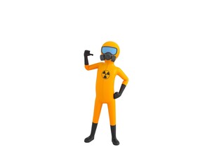 Man in Yellow Hazmat Suit character pointing to himself in 3d rendering.