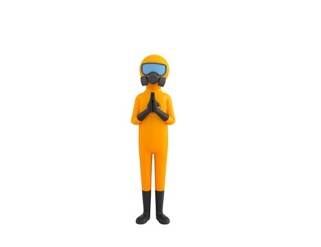 Man in Yellow Hazmat Suit character praying with hands held together in 3d rendering.