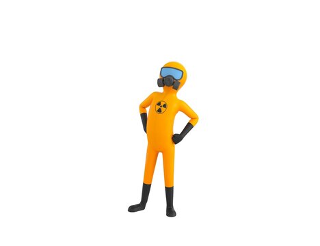 Man in Yellow Hazmat Suit character with hands on hip in 3d rendering.