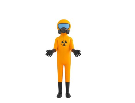 Man in Yellow Hazmat Suit character show welcome gesture in 3d rendering.