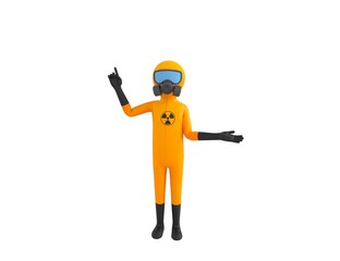Man in Yellow Hazmat Suit character giving information in 3d rendering.