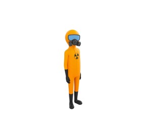 Man in Yellow Hazmat Suit character standing and look up to camera in 3d rendering.