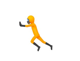 Fototapeta na wymiar Man in Yellow Hazmat Suit character pushing wall in 3d rendering.