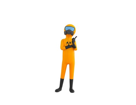 Man in Yellow Hazmat Suit character thinking in 3d rendering.