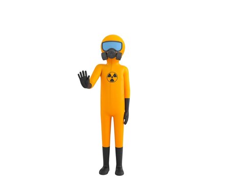 Man in Yellow Hazmat Suit character puts out his hand and orders to stop in 3d rendering.