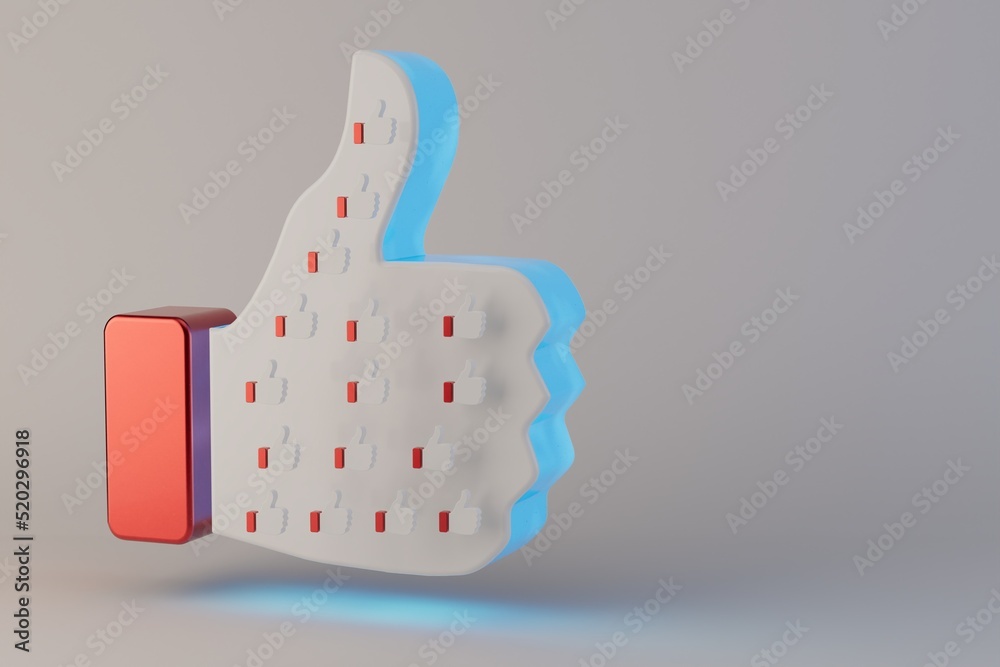 Poster like. give a like. a hand with a finger up on a white background with space for text illuminated by 