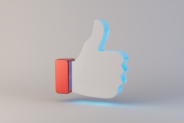 like. give a like. hand with thumb up isolated on white background with place for text illuminated by blue neon light. 3d render. 3d illustration