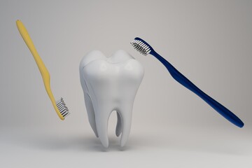 Fototapeta na wymiar dentistry. oral hygiene. teeth cleaning. caries prevention. white tooth around which is yellow and blue toothbrushes on a white background. 3d render. 3d illustration