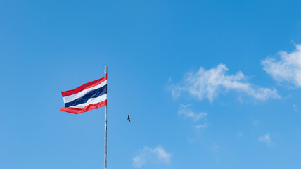 The Thai flag has red white and blue colors on the fabric. On the high pole, the wind blew the flag. sunlight shining clear sky A small bird flew by. There are beautiful bright clouds