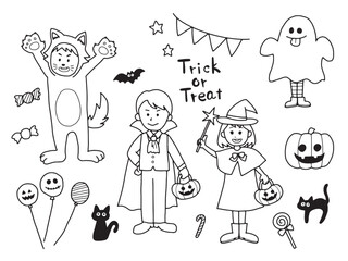 ハロウィン　仮装をする子供たちのイラストセット