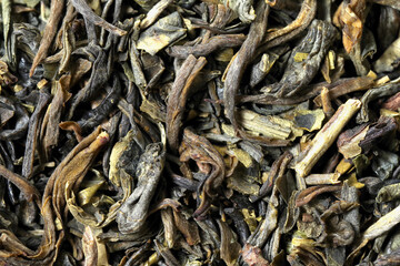 Premium green loose leaf tea as a background. Texture of dry green tea leaves. Extreme macro mode


