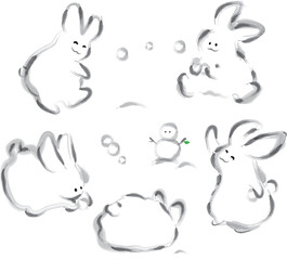 雪で遊ぶうさぎ　手描き風