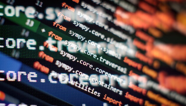 Abstract computer script code. Programming code screen of software developer. Software Programming Work Time.