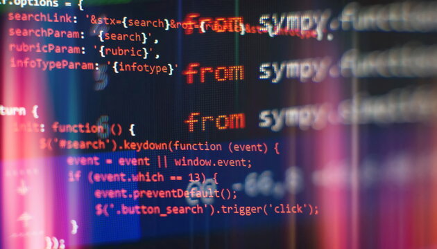 Abstract computer script code. Programming code screen of software developer. Software Programming Work Time.