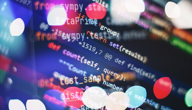 Abstract computer script code. Programming code screen of software developer. Software Programming Work Time.