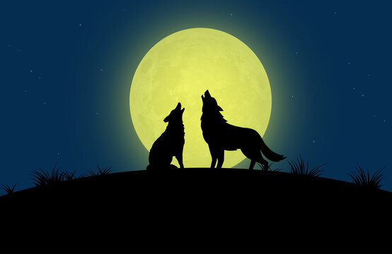 Two wolves howl at the big moon on Halloween night.