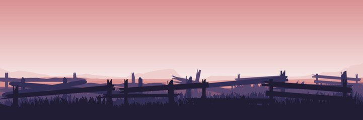 countryside landscape with wooden fence silhouette vector illustration good for wallpaper, background, backdrop design, and design template