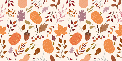 Autumn seamless pattern with pumpkins, plants, leaves, acorns