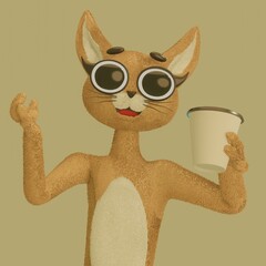 cartoon orange cat holding a glass of coffee - 3d render illustration