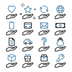 手のひらの上にさまざまなものが浮かんだアイコンセット