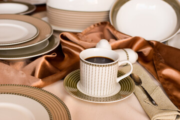 Porcelain coffee set. Modern design of cups and saucers.