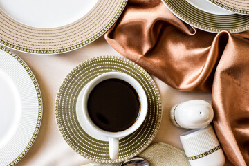 Porcelain coffee set. Modern design of cups and saucers.