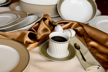 Porcelain coffee set. Modern design of cups and saucers.