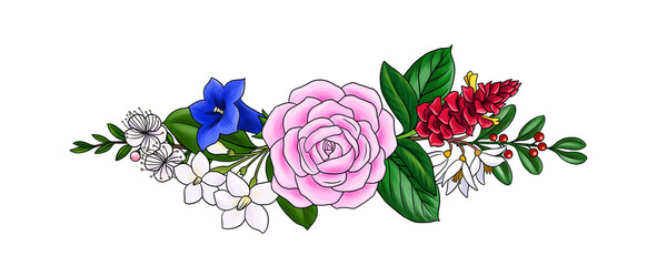 drawing floral compostion with flowers, bouquet at white background, decorative element, hand drawn illustration