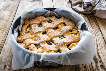 Fruit cake on wooden table
