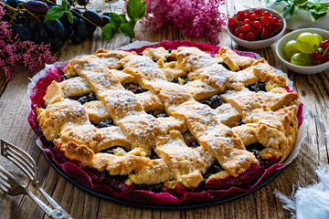 Fruit cake on wooden table
