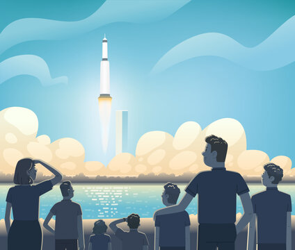 People Are Watching The Rocket Launch. Conquest And Exploration Of Space. Vector Illustration