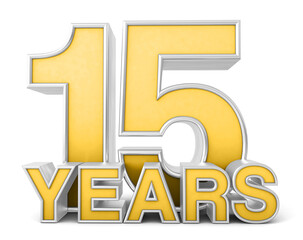 15 years 3d isolated on white background. Celebrating 15th anniversary. Gold and silver metallic Number. 3D illustration.