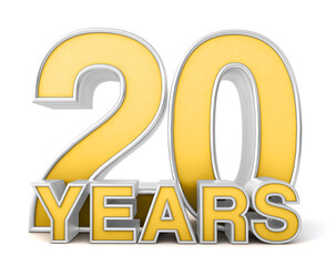 20 years 3d isolated on white background. Celebrating 20th anniversary. Gold and silver metallic Number. 3D illustration.