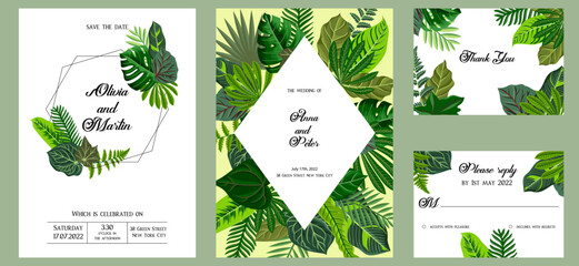 vector floral design for wedding invitation with green tropical leaves, floral poster, decorative greeting cards