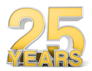 25 years 3d isolated on white background. Celebrating 25th anniversary. Gold and silver metallic Number. 3D illustration.