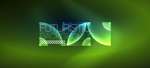 Abstract background with neon glowing light effects. Round shapes, triangles and circles. Wallpaper for concept of AI technology, blockchain, communication, 5G, science, business and technology