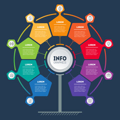 Business presentation concept with 9 steps. Template of tree, info chart or diagram. Vector infographic of technology service or education process with 9 points.
