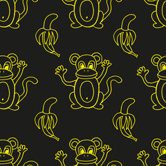 Seamless pattern with cute monkey and banana. Background with an exotic animal. A tropical monkey. Summer vector illustration.