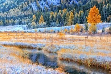 fluss und berge schnee saisonal, landschaftshintergrund, panoramablick © kichigin19