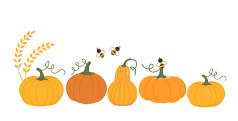 pumpkin set, wheat and bee cartoons icon sign isolated on white background vector illustration.