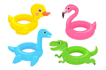 Set of inflatable floats isolated on white. Vector cartoon flat summer icons. Swimming pool toy.	Cute illustration of plesiosaur, t-rex, flamingo and duck.