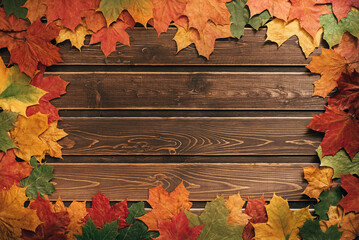 autumn background with colored leaves on wooden board