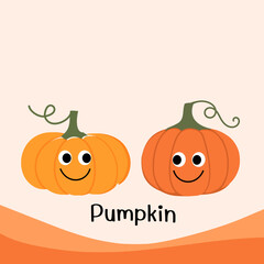 Pumpkin cartoons with cute face icon sign isolated on orange wave background vector illustration.